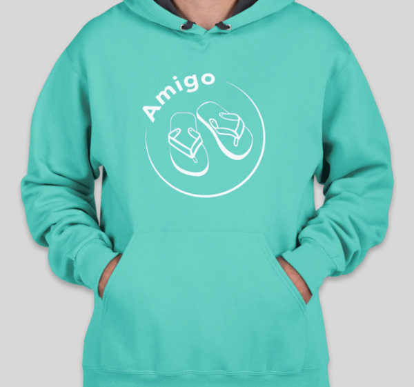 A teal blue hoodie with "Amigo" and a pair of flip flops