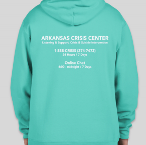 teal blue hoodie back view with contact information for crisis centers