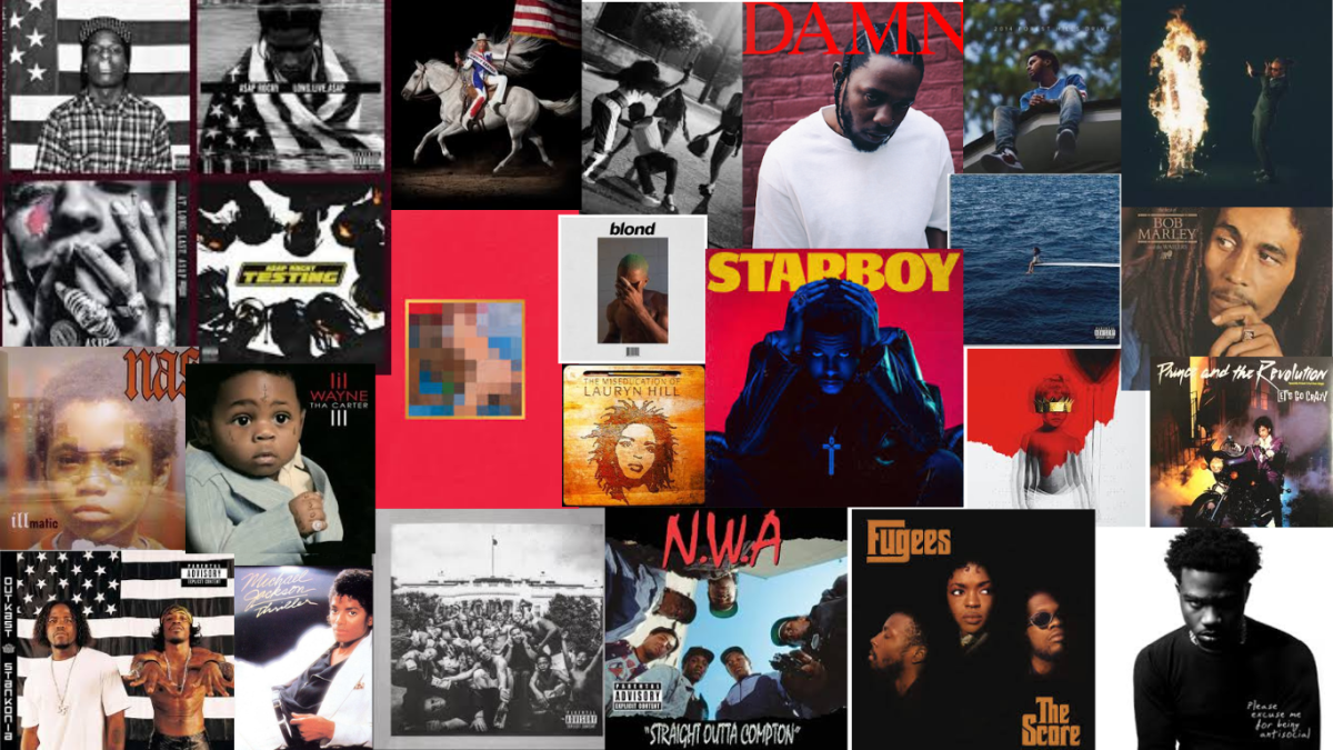 A collage shows album covers of some of the most influential Black music artists today. 