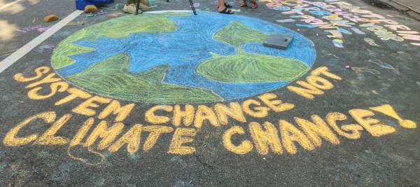 A small gathering of a neighborhood using chalk to highlight the issue of climate change.