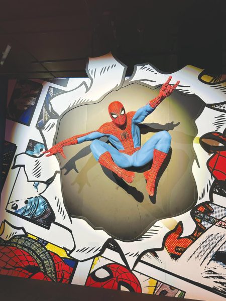 A photo taken of a life size replica of Spiderman at the Spiderman museum in
Chicago, IL.